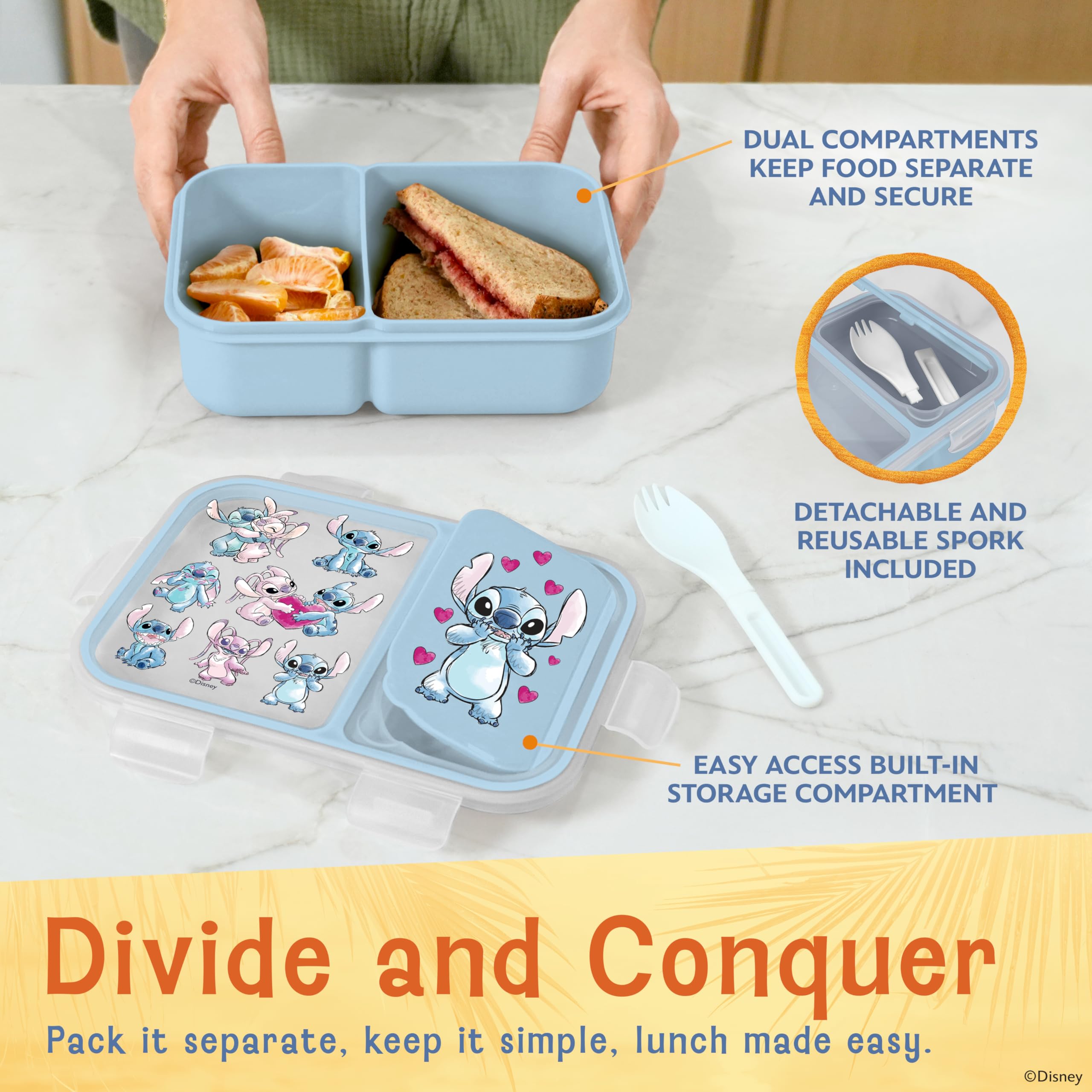 Best Brands Disney Bento Box– Leak-Proof Kids Lunch Box with Divided Compartments & Detachable Spork - Mickey & Minnie, Stitch, & Winnie the Pooh BPA Free Bento Box - Image 5