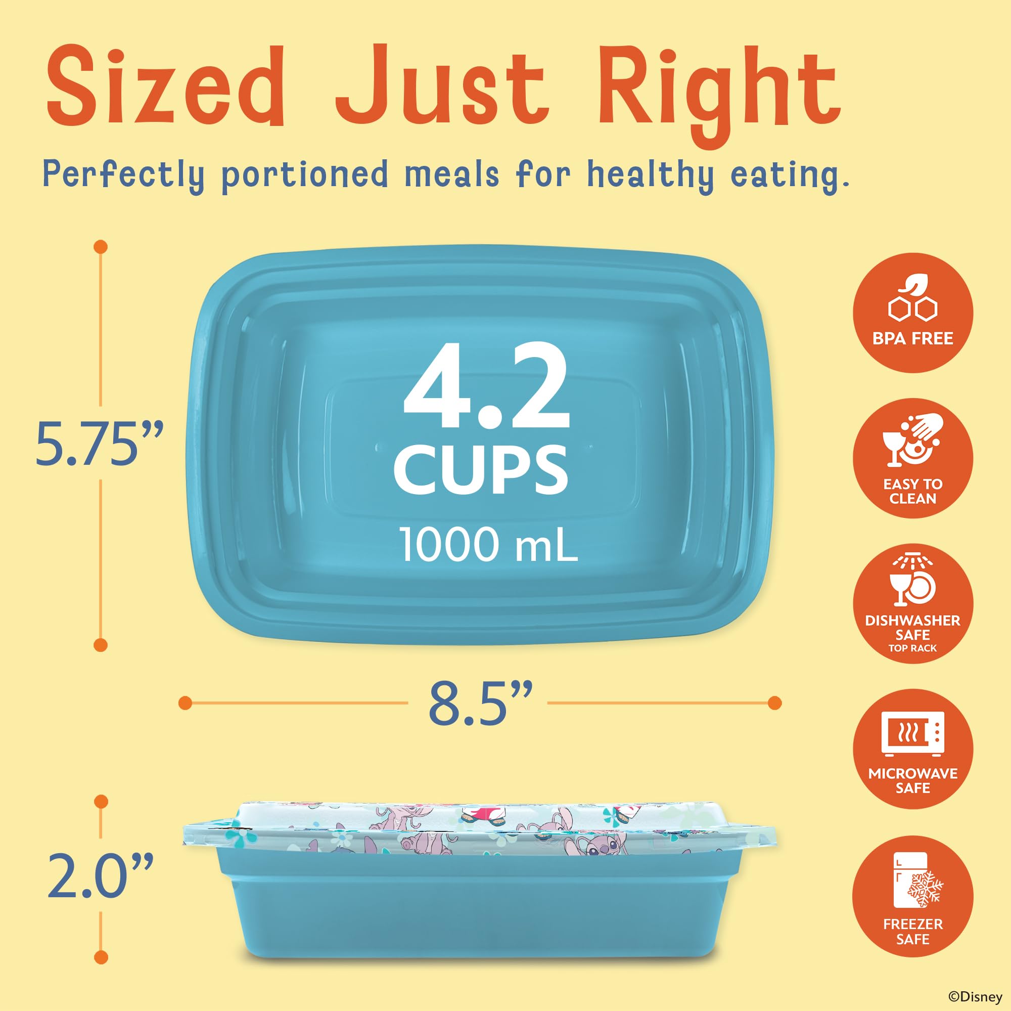Best Brands Disney Meal Prep Containers - 20-Piece Reusable Food Containers with Lids - Freezer, Microwave & Dishwasher Safe - Featuring Mickey & Minnie, Lilo & Stitch - 33.8 Oz To Go Food Containers - Image 4