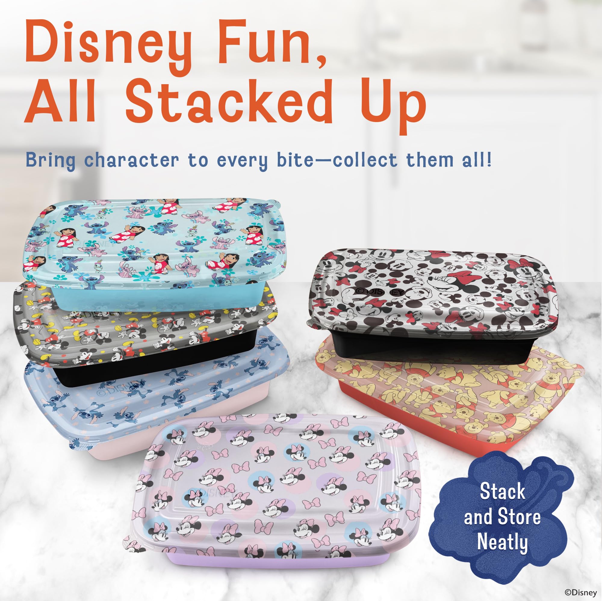 Best Brands Disney Meal Prep Containers - 20-Piece Reusable Food Containers with Lids - Freezer, Microwave & Dishwasher Safe - Featuring Mickey & Minnie, Lilo & Stitch - 33.8 Oz To Go Food Containers - Image 7