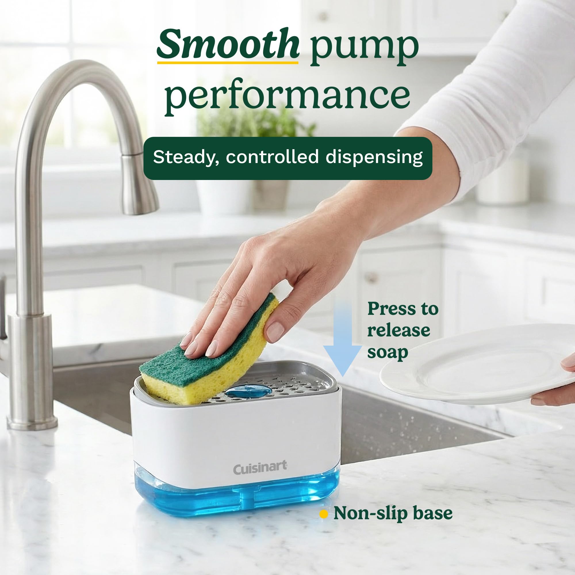 Cuisinart 2-in-1 Dish Soap Dispenser with Sponge Holder and Sponge for Kitchen Sink – Soap Pump Organizer Set with Tray, Countertop Caddy for Dishes, Dishwashing Liquid Dispenser, Sink Essentials - Image 4