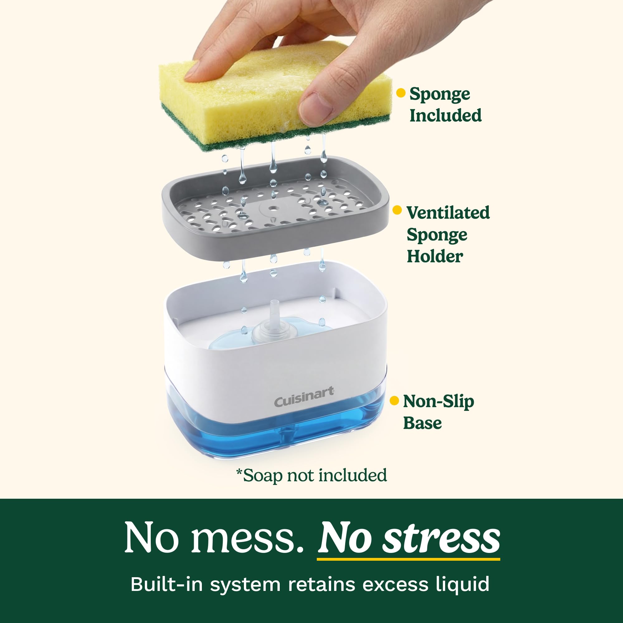 Cuisinart 2-in-1 Dish Soap Dispenser with Sponge Holder and Sponge for Kitchen Sink – Soap Pump Organizer Set with Tray, Countertop Caddy for Dishes, Dishwashing Liquid Dispenser, Sink Essentials - Image 5