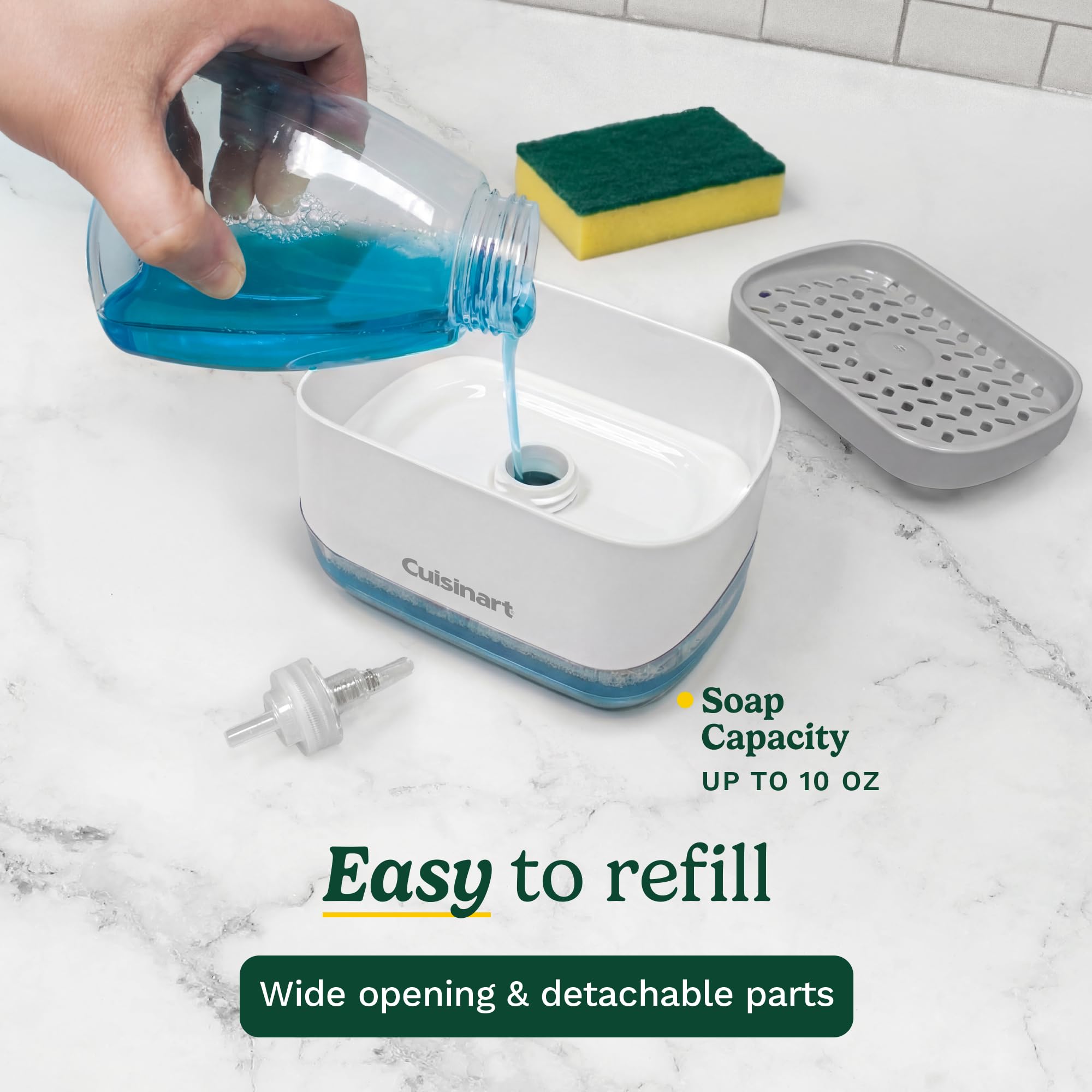 Cuisinart 2-in-1 Dish Soap Dispenser with Sponge Holder and Sponge for Kitchen Sink – Soap Pump Organizer Set with Tray, Countertop Caddy for Dishes, Dishwashing Liquid Dispenser, Sink Essentials - Image 6