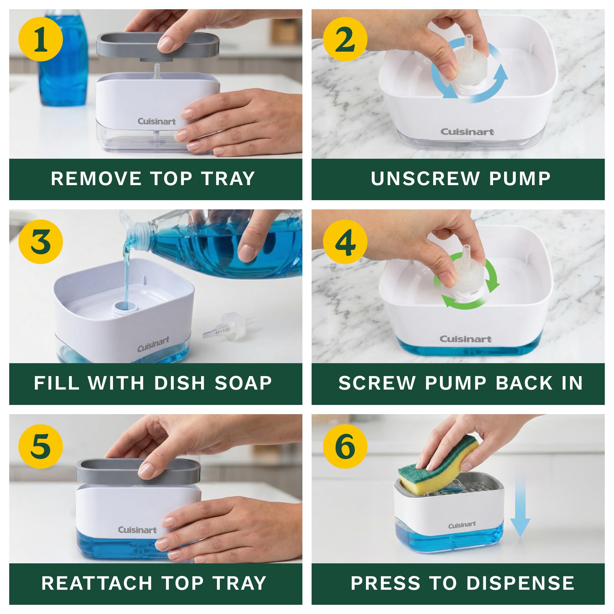 Cuisinart 2-in-1 Dish Soap Dispenser with Sponge Holder and Sponge for Kitchen Sink – Soap Pump Organizer Set with Tray, Countertop Caddy for Dishes, Dishwashing Liquid Dispenser, Sink Essentials - Image 7