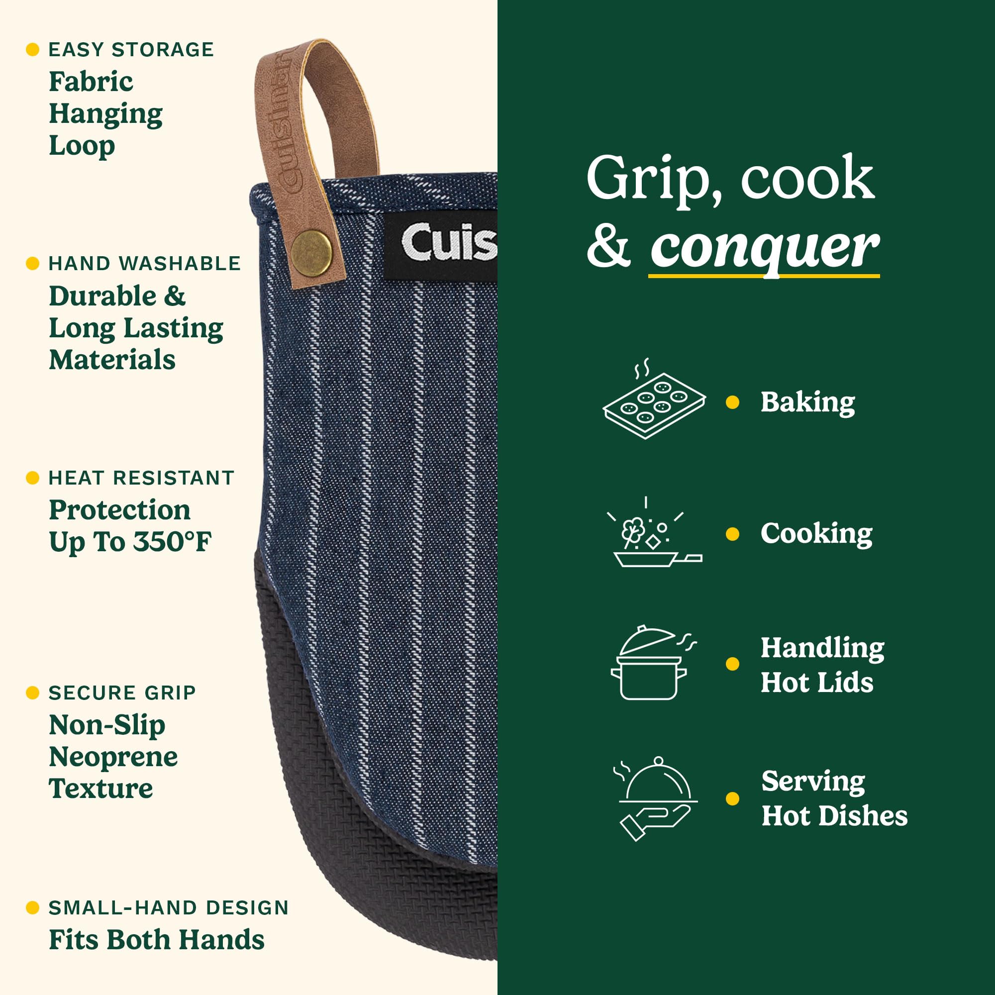 Cuisinart Heritage Mini Oven Mitts – 5.5” x 7” Heat-Resistant Kitchen Mitts for Oven with Non-Slip Neoprene Palm, Cotton Filling, and Faux Leather Loop – Durable Oven Mitt Set for Cooking & Baking - Image 5