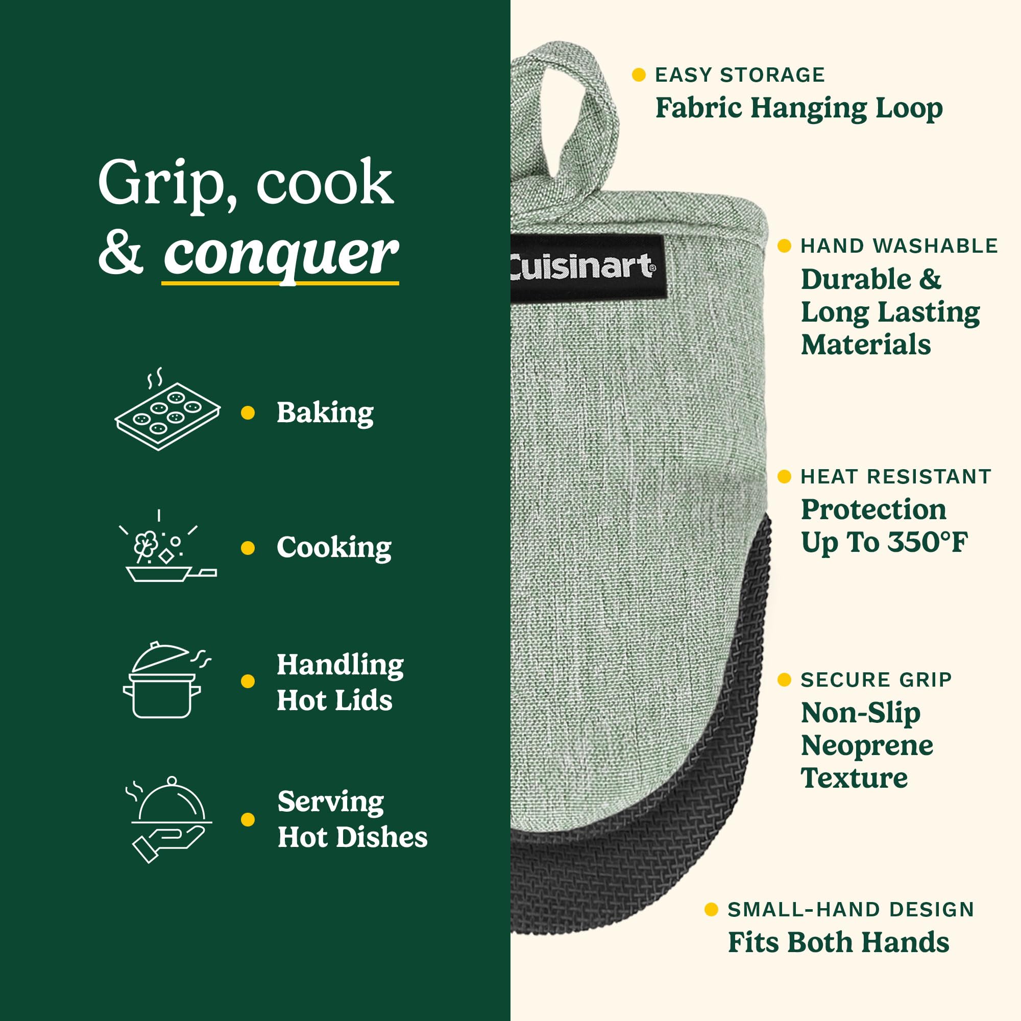 Cuisinart Mini Oven Mitts – 5.5” x 7” Heat-Resistant Kitchen Mitts for Oven with Non-Slip Neoprene Palm, Cotton Filling, and Fabric Loop – Durable Oven Mitt Set for Cooking & Baking (Chambray) - Image 5