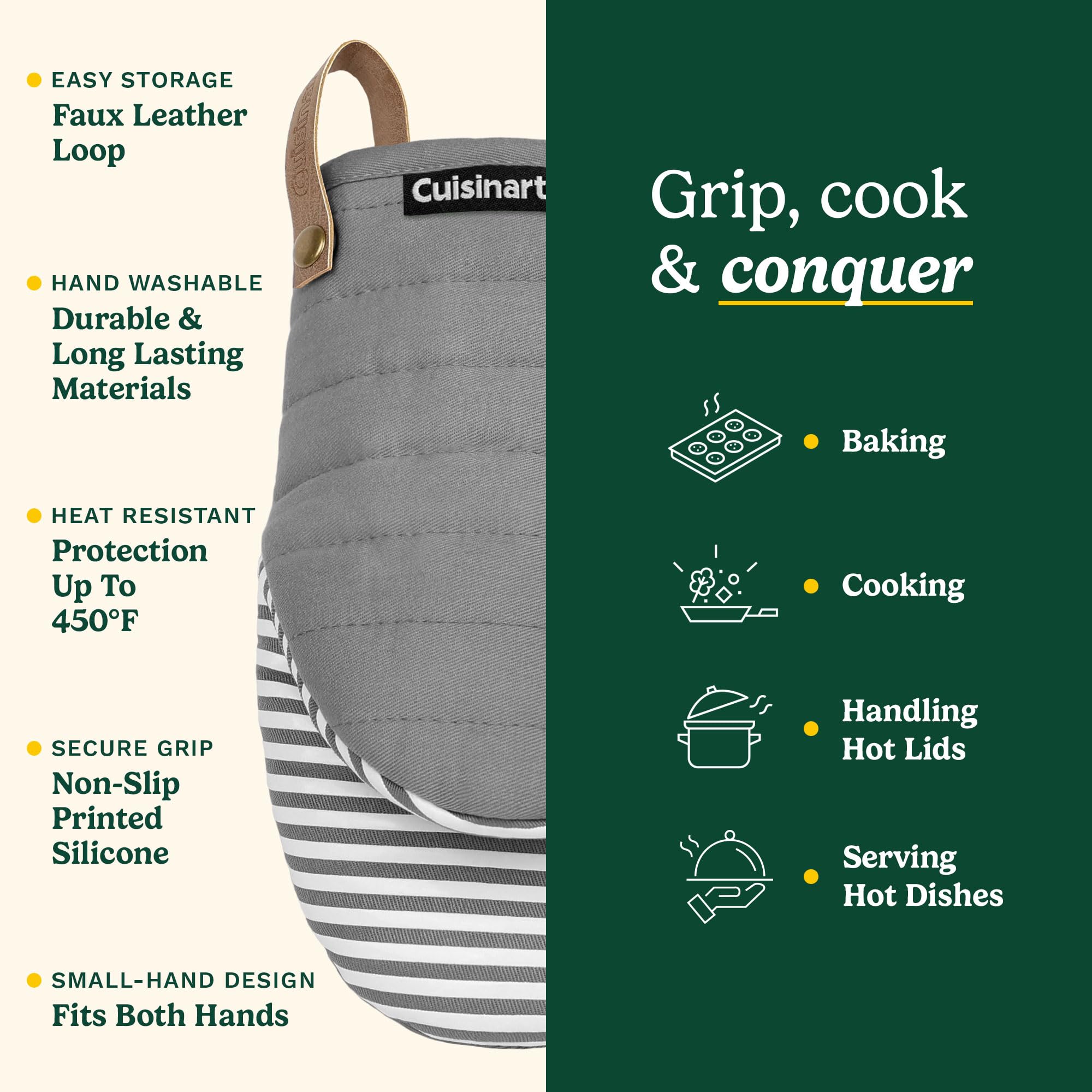 Cuisinart Mini Oven Mitts – 5.5” x 8” Heat-Resistant Kitchen Mitts for Oven with Non-Slip Printed Silicone, Cotton Filling, and Faux Leather Loop – Durable Oven Mitt Set for Cooking & Baking (Horizon) - Image 5