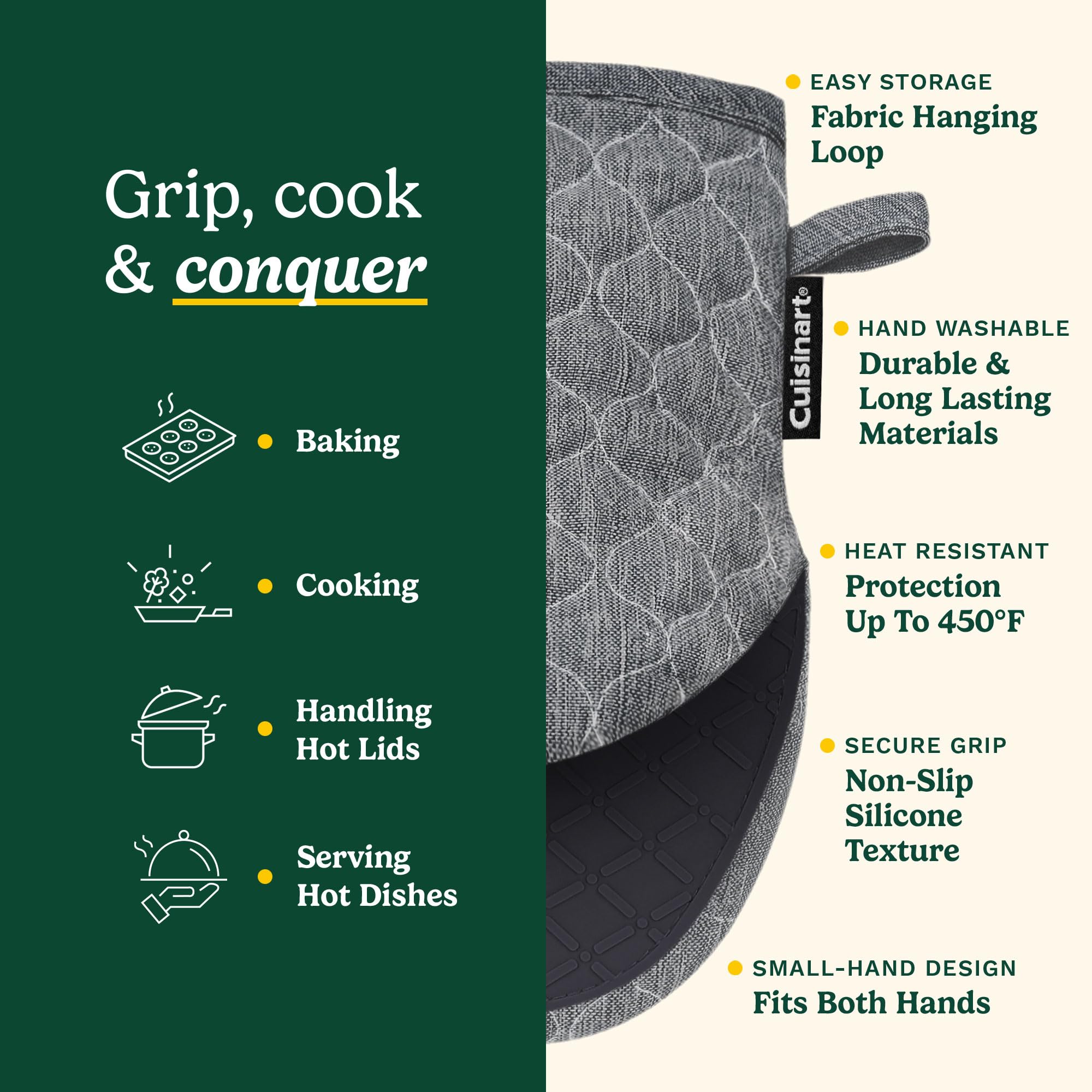 Cuisinart ShieldPro Silicone Oven Mitts – 5” x 8.5” Heat-Resistant Mini Kitchen Mitts for Oven with Non-Slip 100% Silicone Palm, Cotton Filling, and Hanging Loop (Black) - Image 5