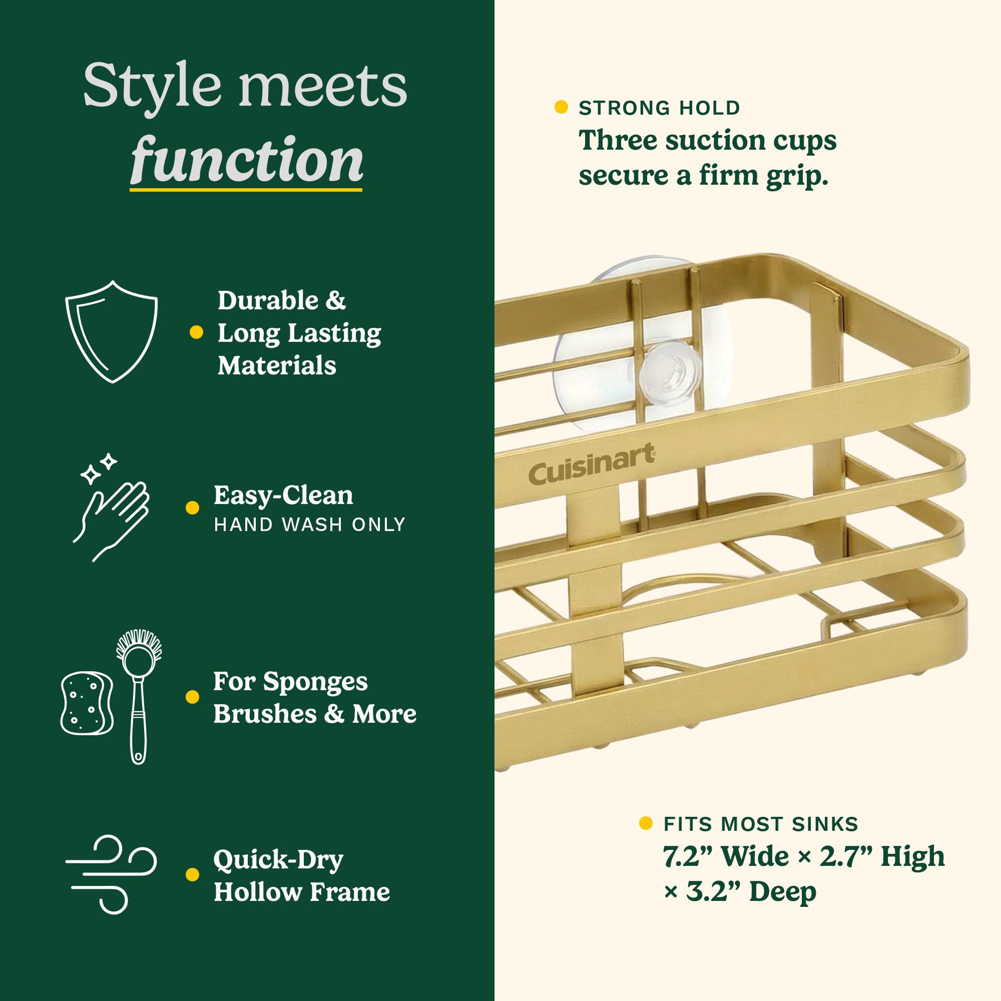 Cuisinart Sponge Holder for Kitchen Sink—Metal Sink Caddy with Triple Suction Cups, Kitchen Sink Organizer, Organization and Storage for Sponges, Brushes, Soap & Cleaning Accessories - Image 5