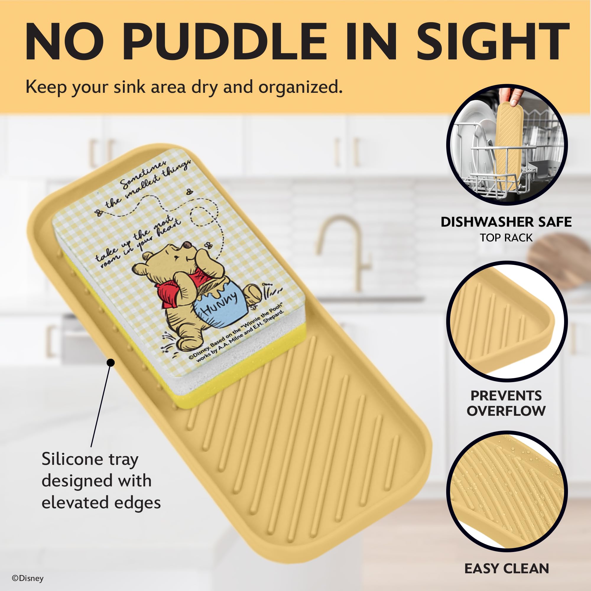 Disney 3-in-1 Kitchen Sink Accessories Set – Sink Drain Strainer, Dish Sponge, & Silicone Sink Tray – Featuring Stitch & Winnie the Pooh - Image 4