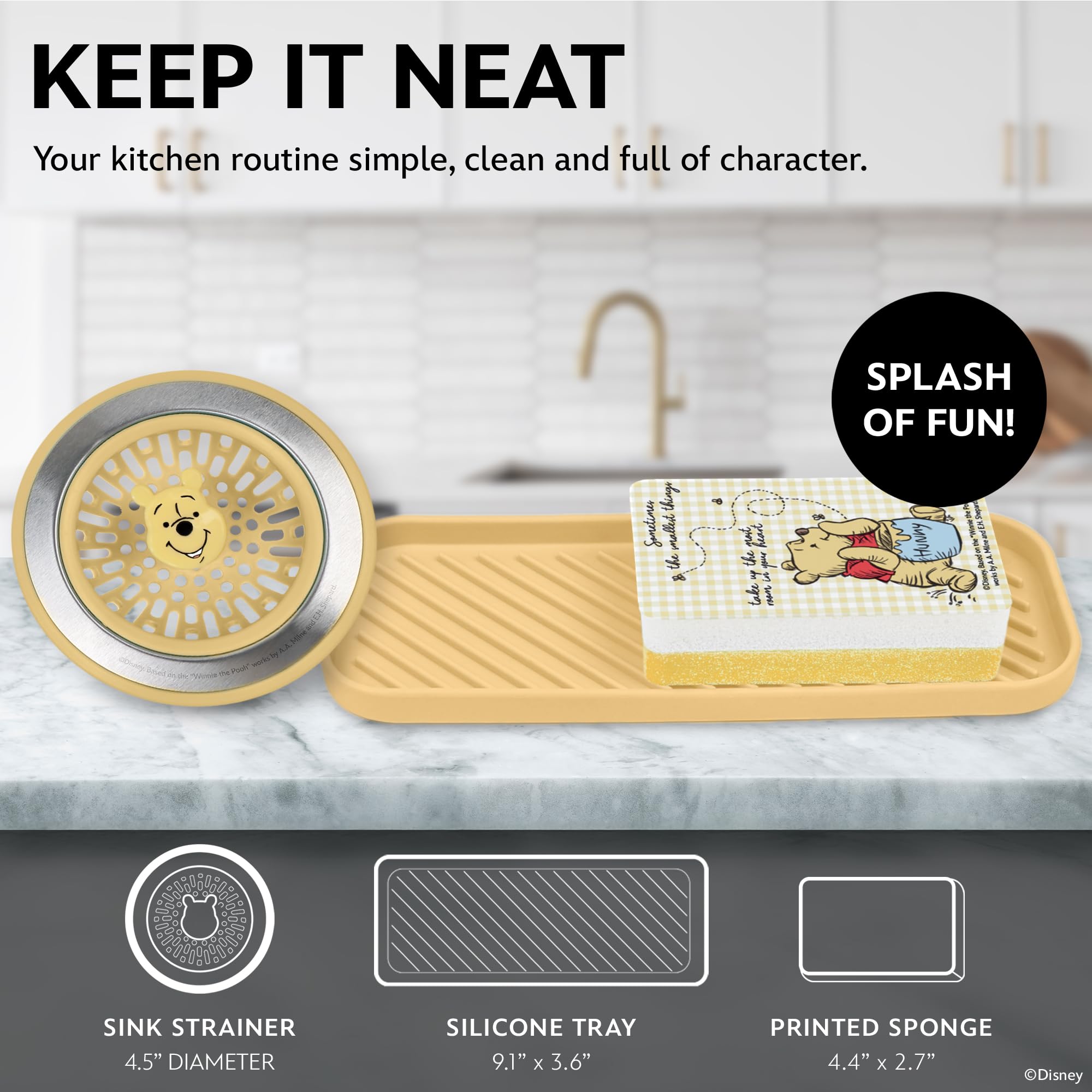 Disney 3-in-1 Kitchen Sink Accessories Set – Sink Drain Strainer, Dish Sponge, & Silicone Sink Tray – Featuring Stitch & Winnie the Pooh - Image 6