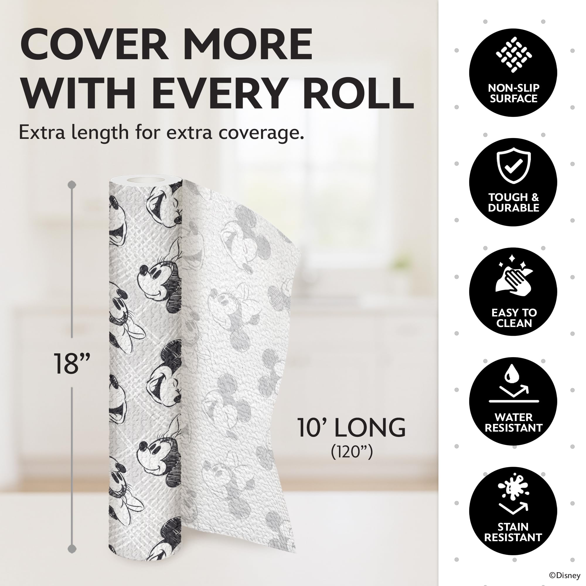 Disney Non Adhesive Shelf Liner – 18”x 10 ft Water-Resistant Drawer Liners for Kitchen Cabinets, Pantry, Fridge & Dressers – Easy Cut Cabinet Liner Roll- Mickey Mouse, Stitch & Winnie The Pooh - Image 6