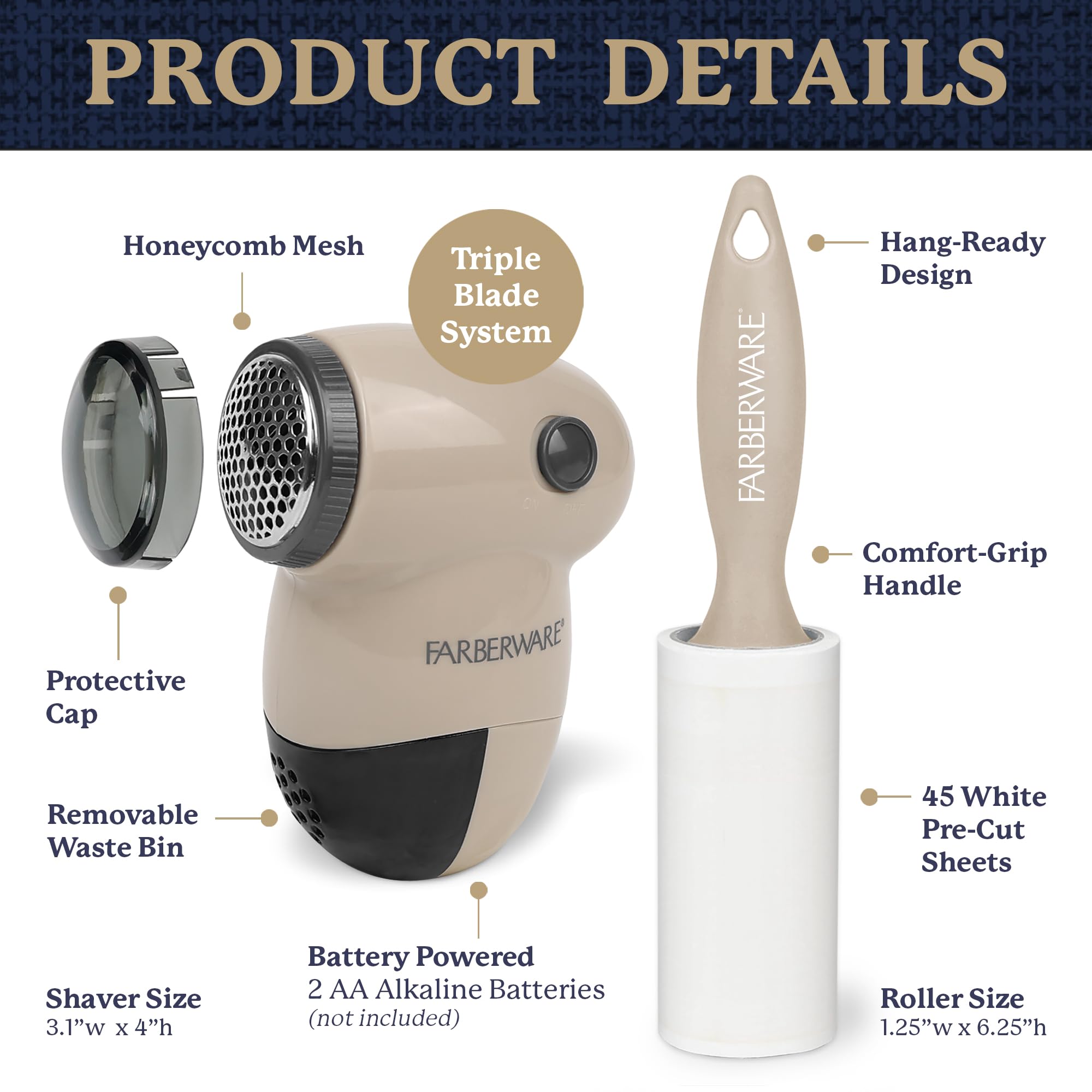 Farberware Fabric Shaver & Lint Remover Set – Battery Operated Sweater Shaver with Triple Blades and Extra Sticky Roller for Pet Hair, Fuzz & Pilling on Clothes, Upholstery & Bedding - Image 6