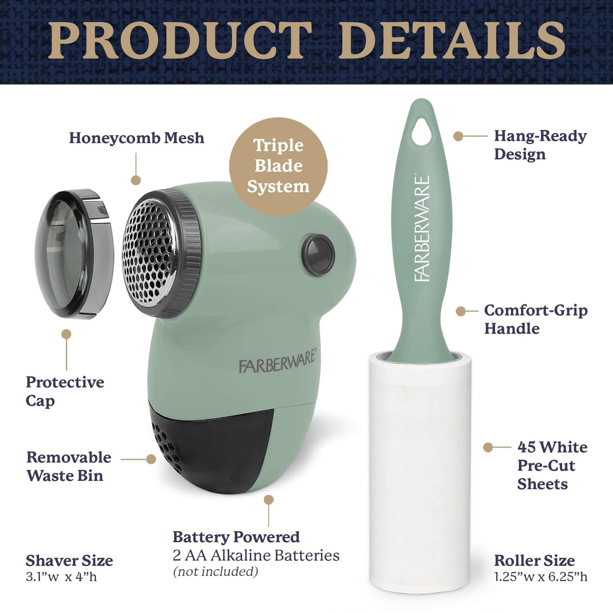 Farberware Fabric Shaver & Lint Remover Set–Battery Operated Sweater Shaver with Triple Blades and Extra Sticky Roller for Pet Hair, Fuzz & Pilling on Clothes, Upholstery & Bedding (Sage, Small) - Image 6