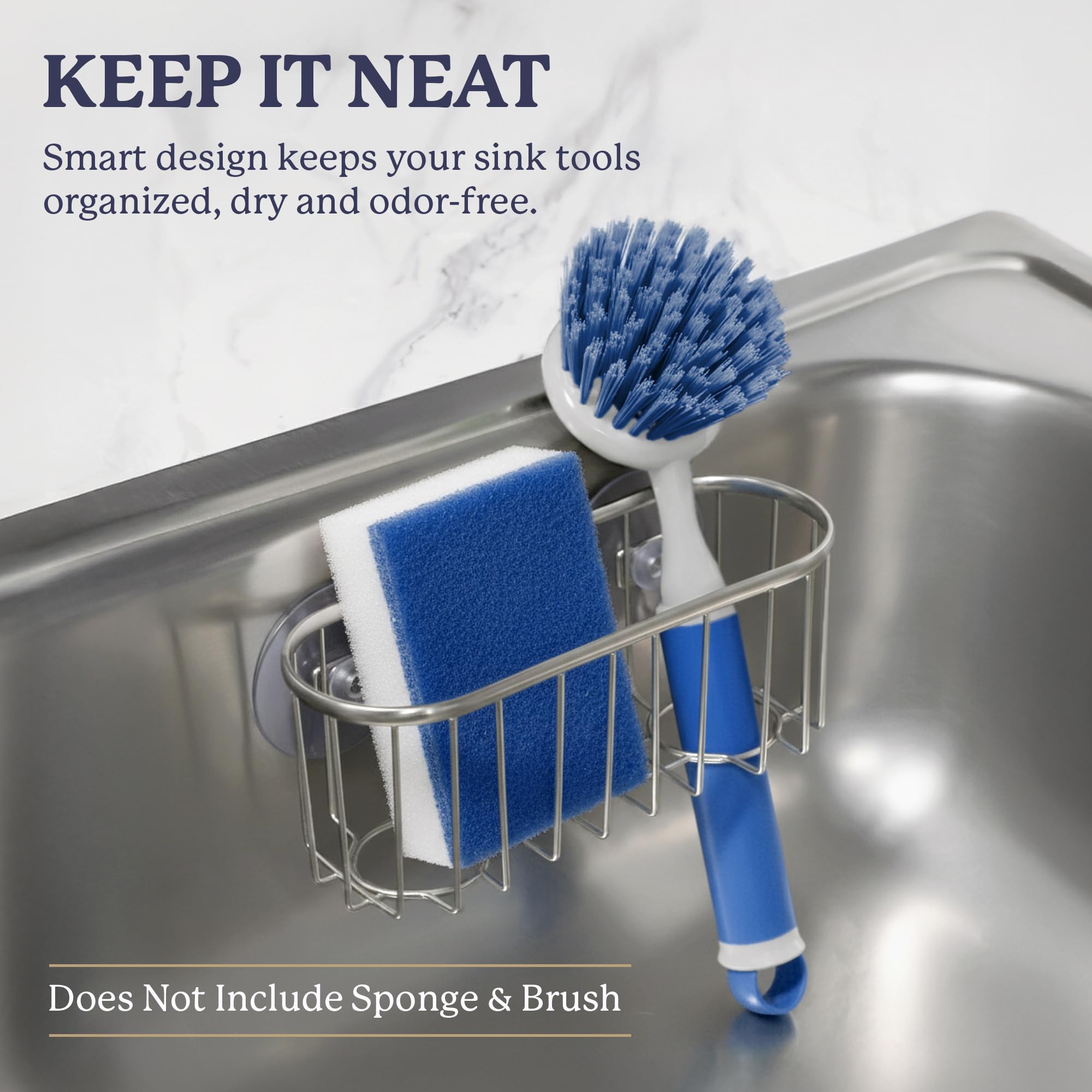Farberware Sponge Holder for Kitchen Sink—Brushed Metal Sink Caddy Organizer with Triple Suction Cups, Kitchen Organizer for Sponges, Brushes, Soap & Cleaning Essentials - Image 3