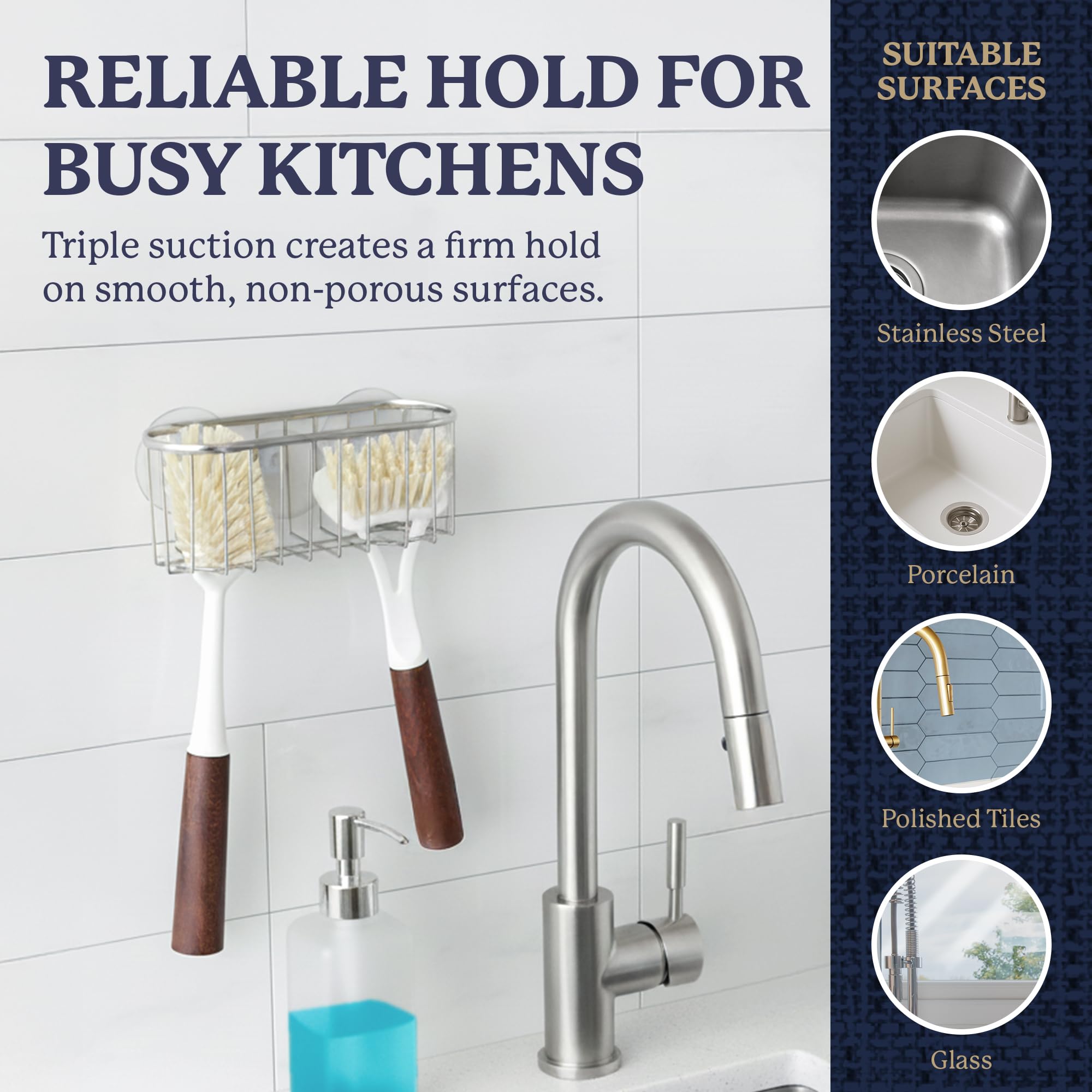 Farberware Sponge Holder for Kitchen Sink—Brushed Metal Sink Caddy Organizer with Triple Suction Cups, Kitchen Organizer for Sponges, Brushes, Soap & Cleaning Essentials - Image 4