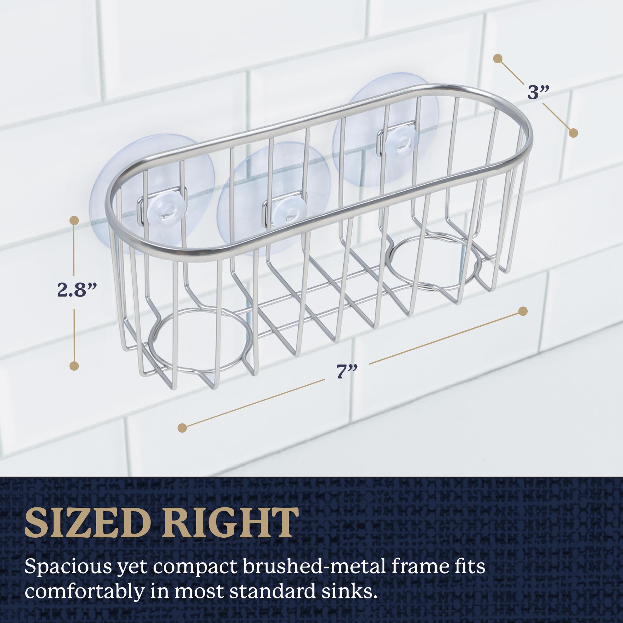 Farberware Sponge Holder for Kitchen Sink—Brushed Metal Sink Caddy Organizer with Triple Suction Cups, Kitchen Organizer for Sponges, Brushes, Soap & Cleaning Essentials - Image 5