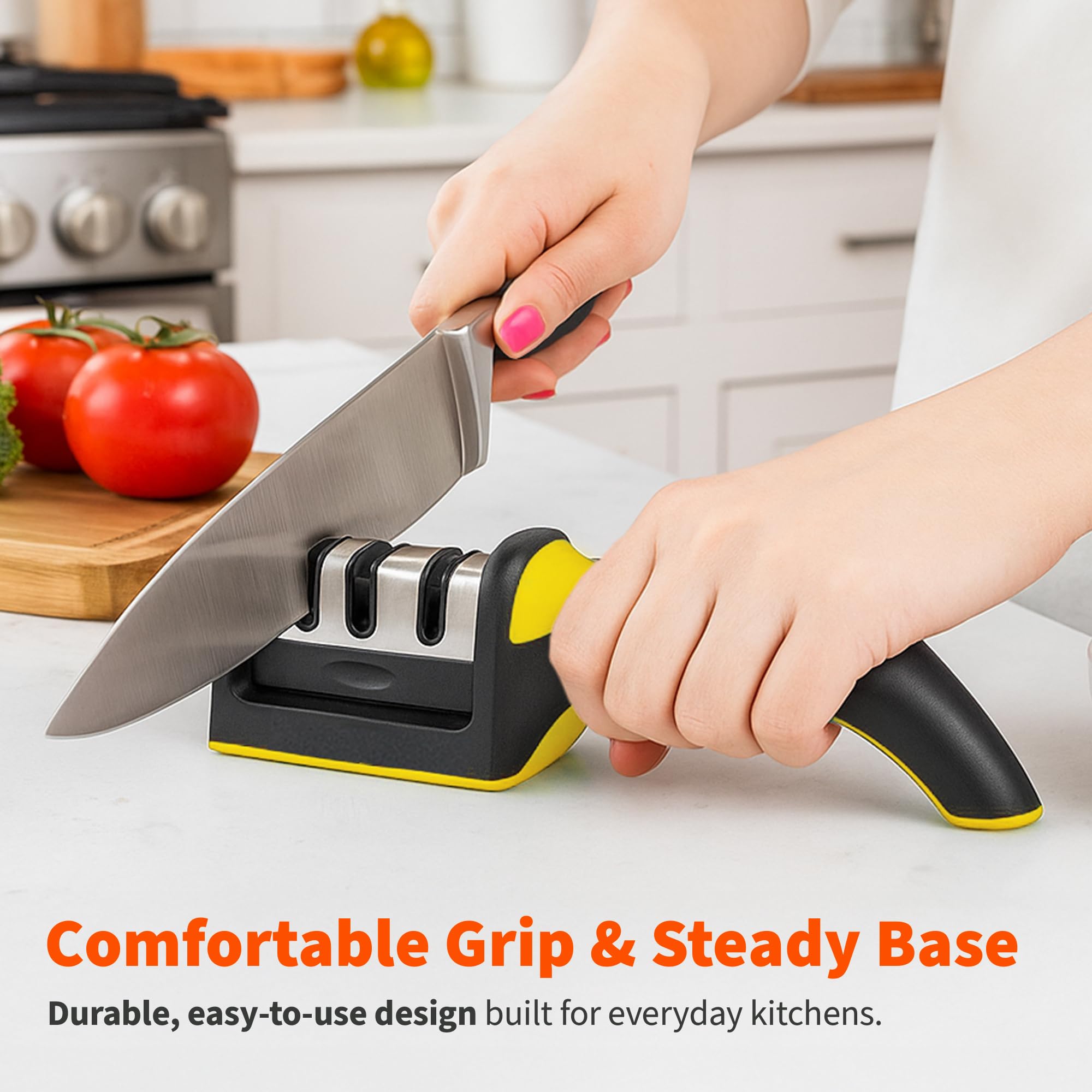 IMUSA Knife Sharpener – Kitchen Knife Sharpener with 3-Stage Stainless Steel Blade Sharpener Design – Easy to Use, Ergonomic Manual Knife Sharpening Kit with Non-Slip Base (Yellow) - Image 3