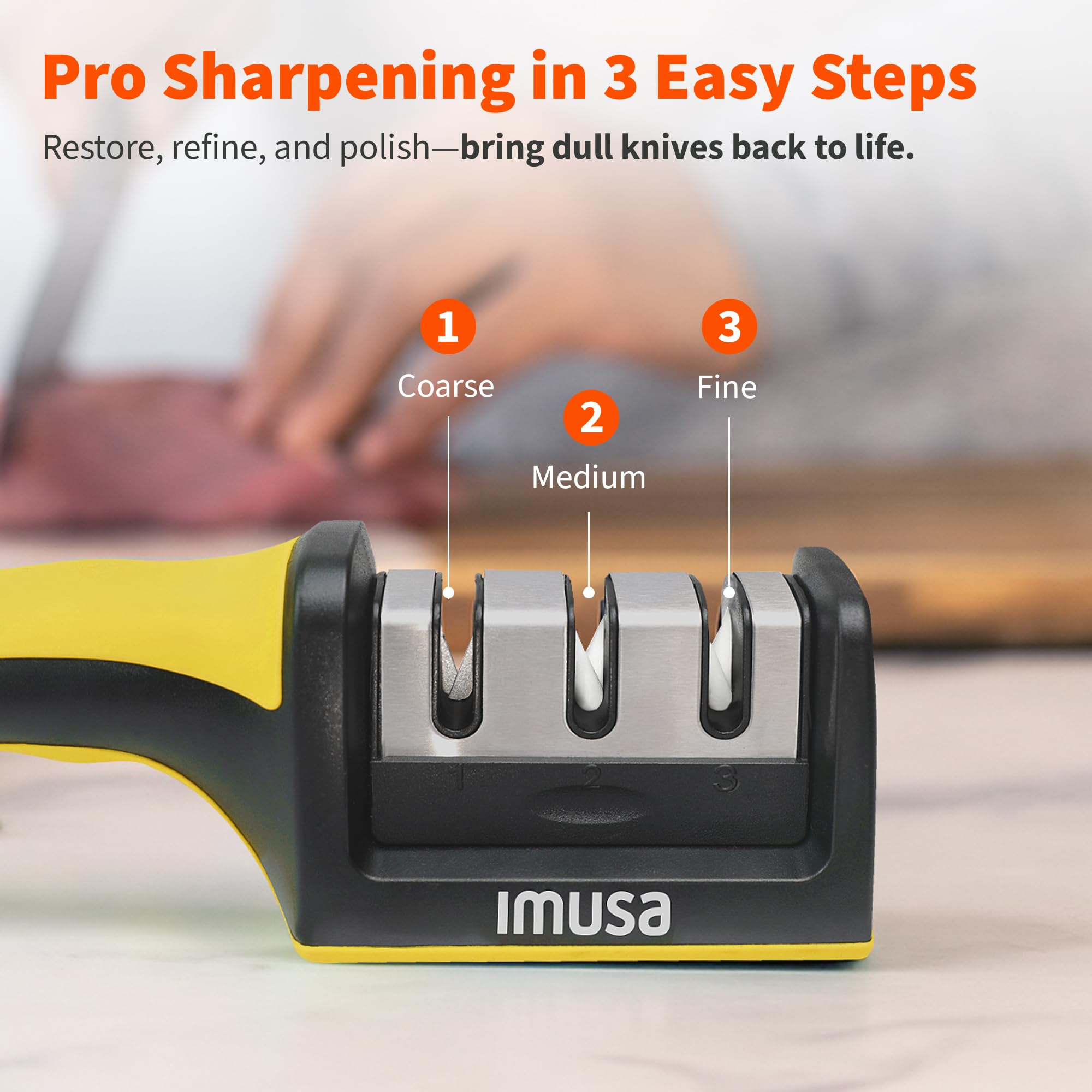 IMUSA Knife Sharpener – Kitchen Knife Sharpener with 3-Stage Stainless Steel Blade Sharpener Design – Easy to Use, Ergonomic Manual Knife Sharpening Kit with Non-Slip Base (Yellow) - Image 4