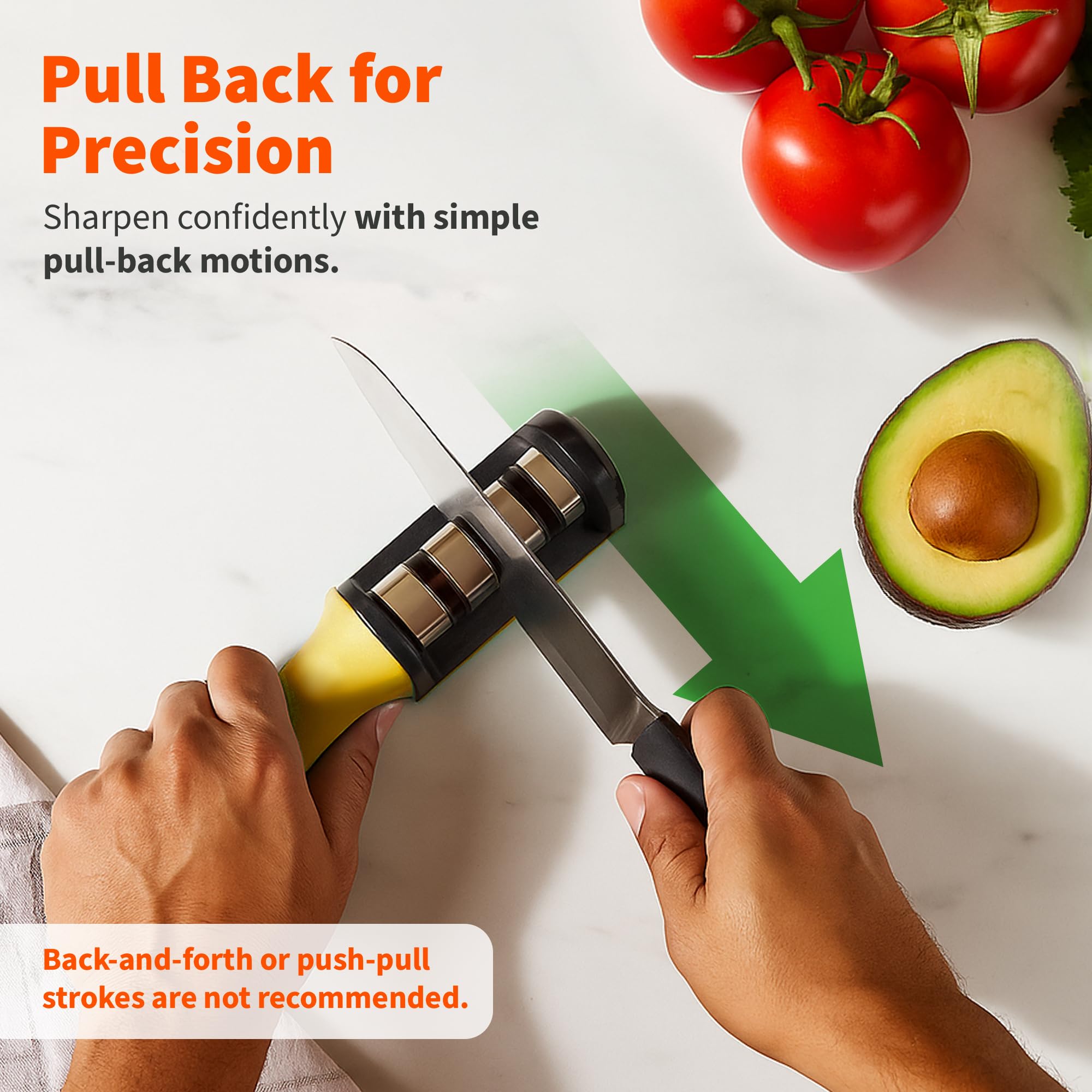 IMUSA Knife Sharpener – Kitchen Knife Sharpener with 3-Stage Stainless Steel Blade Sharpener Design – Easy to Use, Ergonomic Manual Knife Sharpening Kit with Non-Slip Base (Yellow) - Image 5