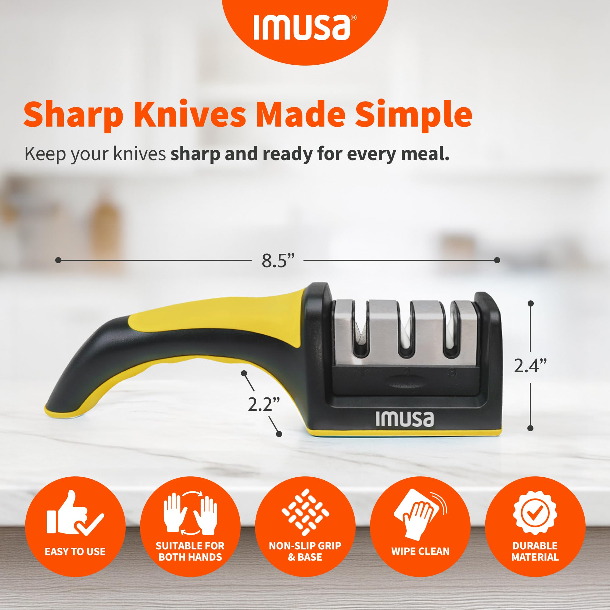 IMUSA Knife Sharpener – Kitchen Knife Sharpener with 3-Stage Stainless Steel Blade Sharpener Design – Easy to Use, Ergonomic Manual Knife Sharpening Kit with Non-Slip Base (Yellow) - Image 6