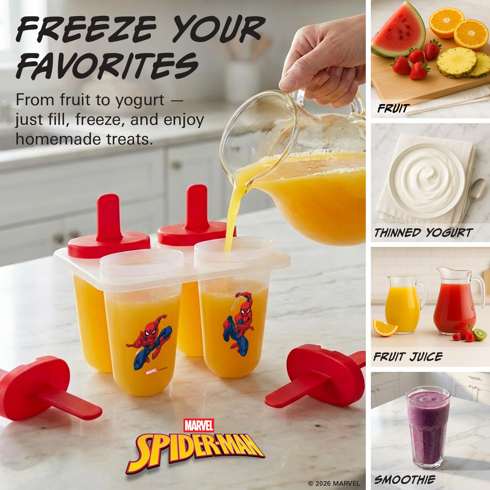Marvel Popsicle Molds–4 Reusable Popsicles Molds Featuring Spiderman Characters, BPA-Free Plastic Ice Pop Mold and Popsicle Maker for Frozen Treats, Juice, Yogurt & Ice Cream, Easy Clean - Image 3